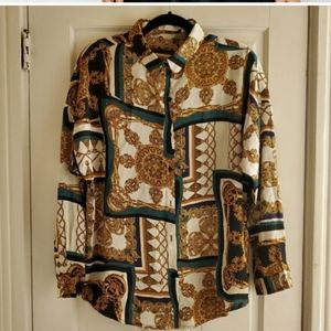 Gold tan cream milk black green chain printed party vintage shirt